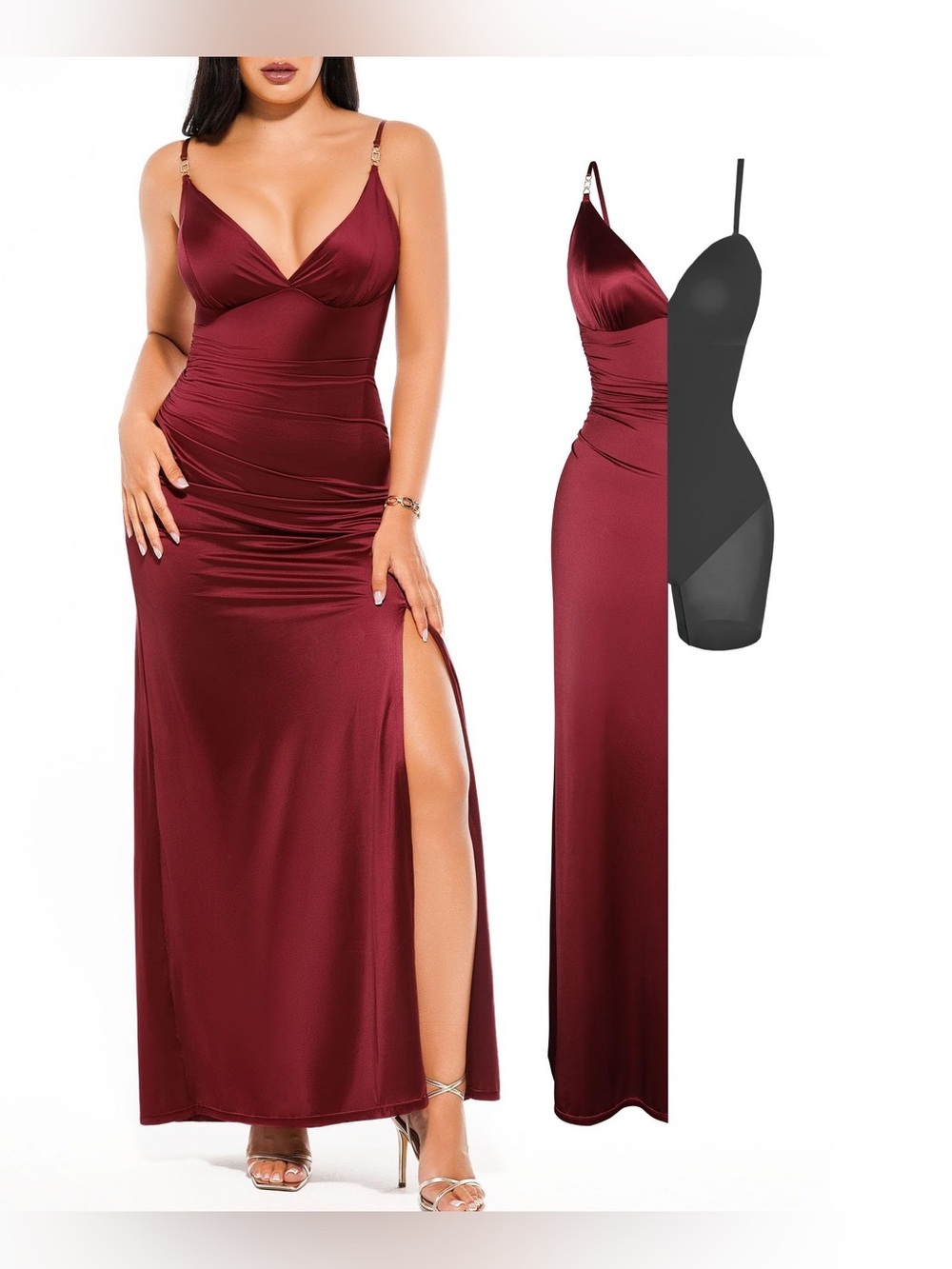 Popilush Women's Sexy Maxi Dress Deep V Neck Ruched Shapewear Side Slit
